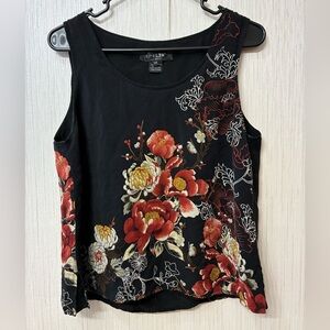 Vtg Citron Santa Monica Black Silk Blend Red Floral Art-to-Wear Tank Top Size M